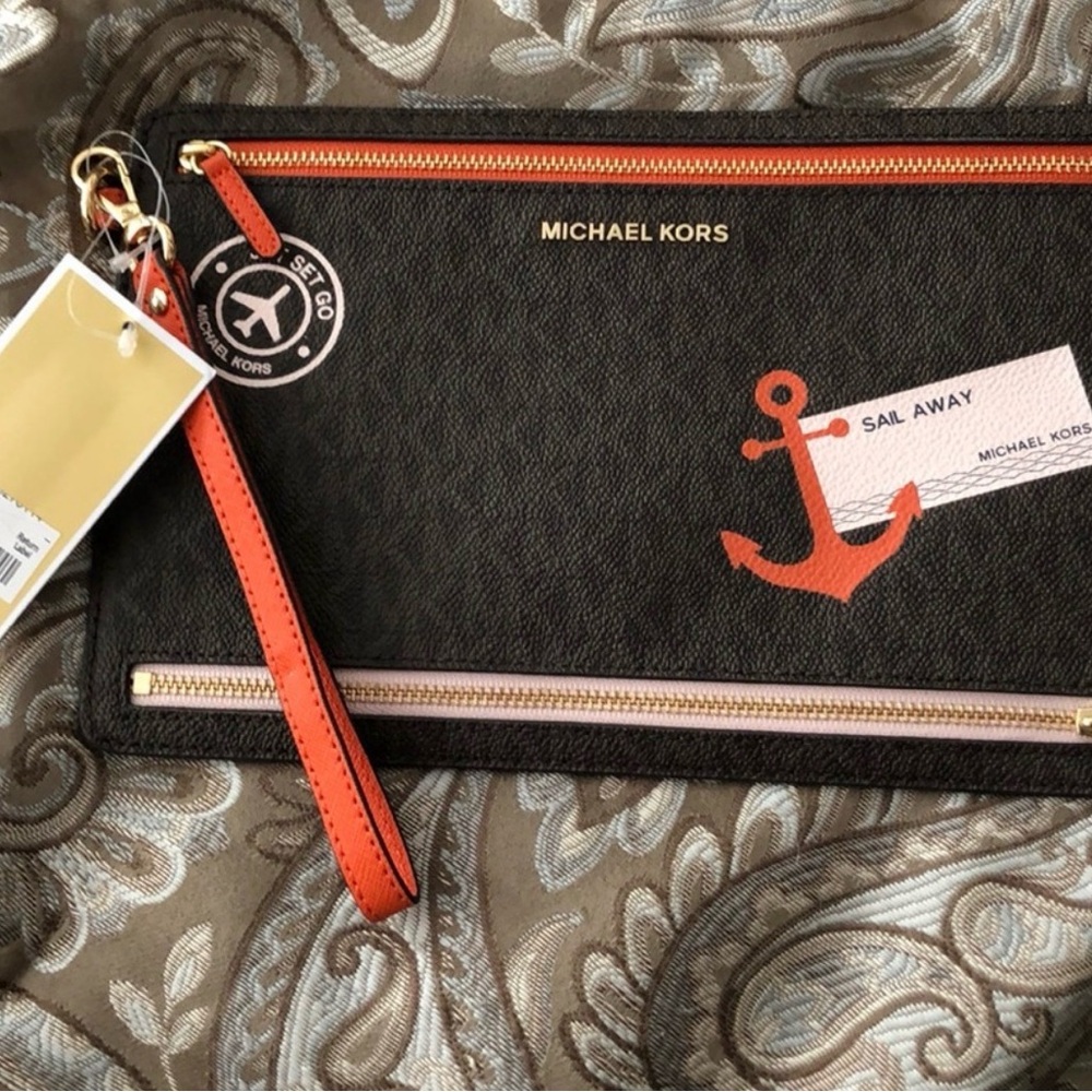 Michael Kors Black PASSPORT TRAVELER and Orange Anchor Wristlet
